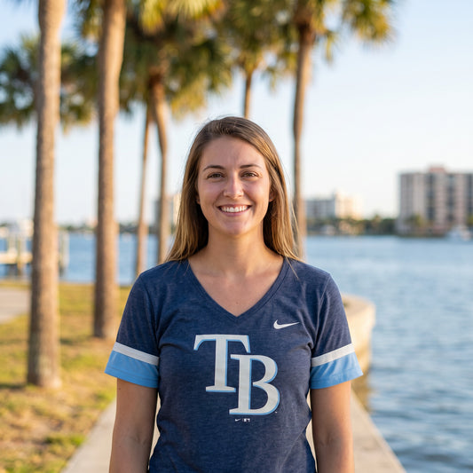 Tampa Bay Rays New Era Women's Gameday V-Neck T-Shirt - Navy - on-model lifestyle photo