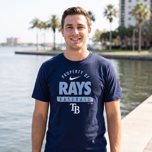 Tampa Bay Rays Blue Cotton Tee T Shirt Mens Nike Property Of - on-model lifestyle photo