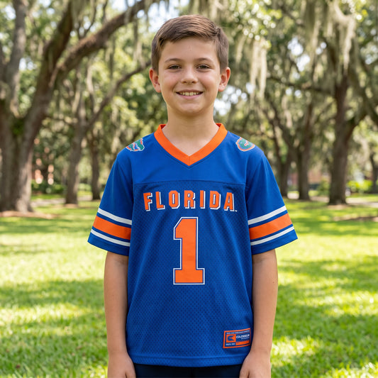 NCAA Florida Gators Colosseum Youth All Day Royal Football Jersey - on-model lifestyle photo