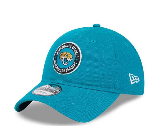 Jacksonville Jaguars New Era 2024 Sideline Teal 9Twenty adjustable hat with relaxed fit and pre-curved visor