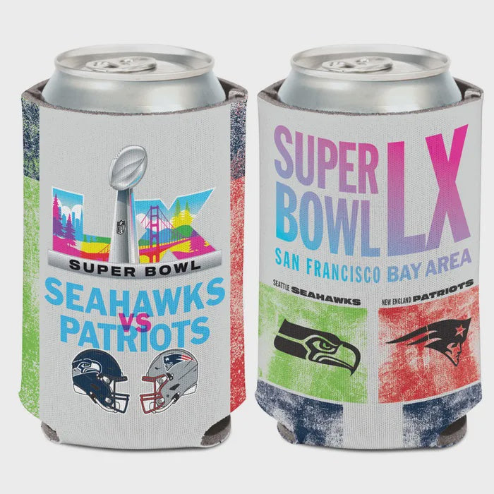 Super Bowl Dueling Can Cooler Patriots vs. Seahawks 12 oz Insulated Sleeve - officially licensed fan gear