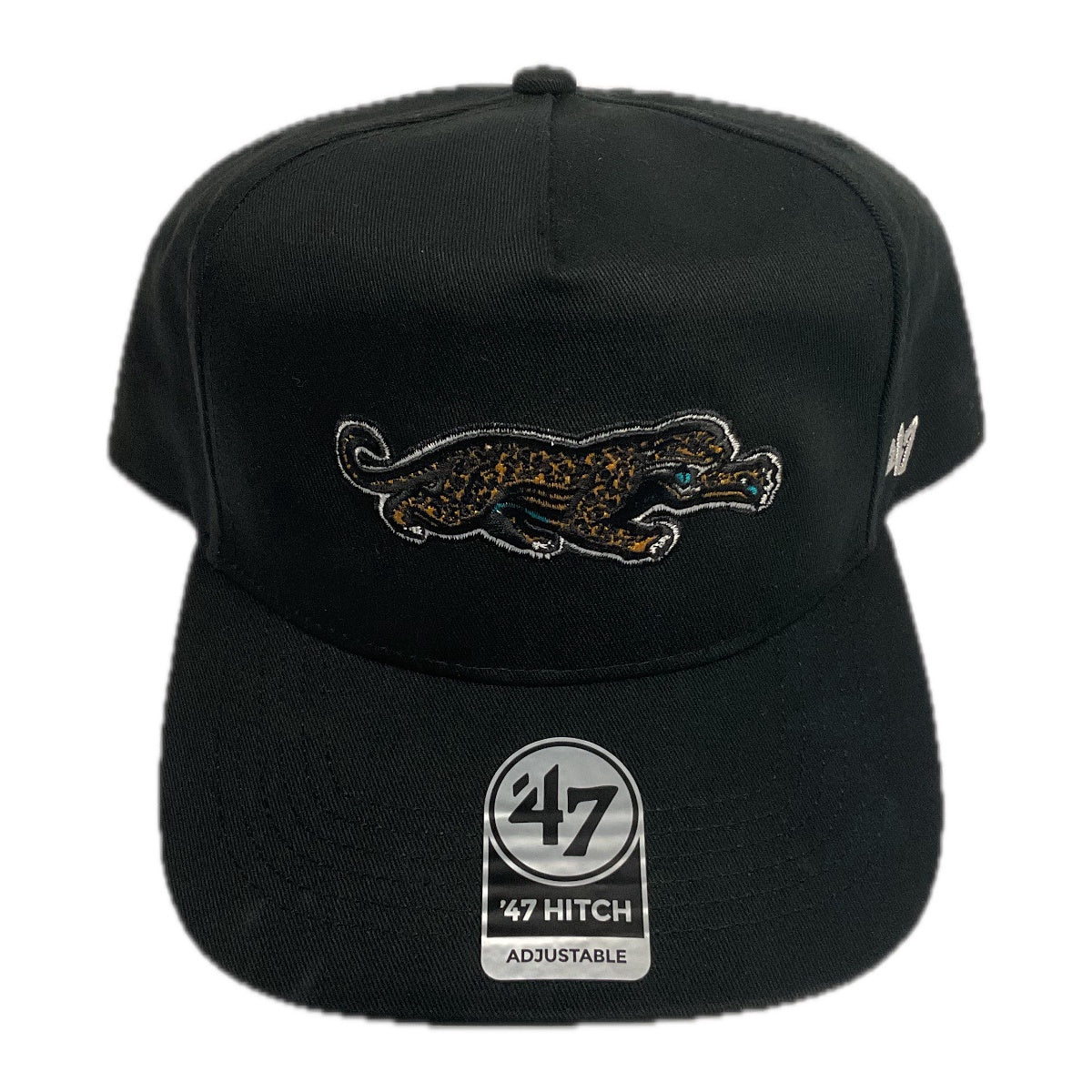 '47 Brand Hitch adjustable hat in black with the Jacksonville Jaguars Prowler logo, front view