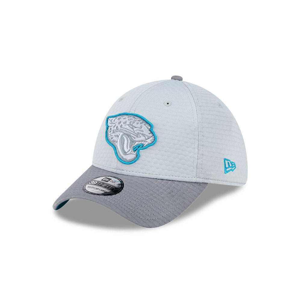 Jacksonville Jaguars gray 2024 Training Camp 39Thirty Flex Fit cap with structured crown and pre-curved visor