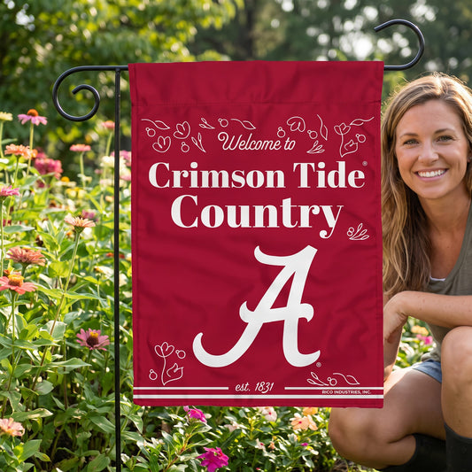 NCAA Alabama Crimson Tide Rico Welcome to Crimson Tide Country 13x18 Garden Flag - on-model lifestyle photo