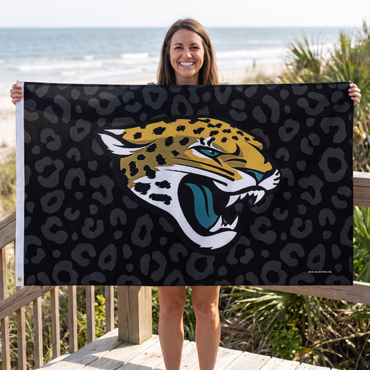 NFL Jacksonville Jaguars Rico Primary Logo Black Leopard 3x5 Banner Flag - on-model lifestyle photo