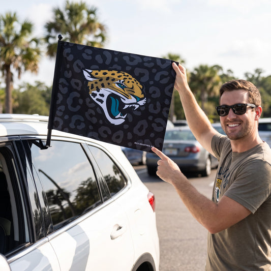 NFL Jacksonville Jaguars Rico Primary Logo Black Leopard Car Flag - on-model lifestyle photo