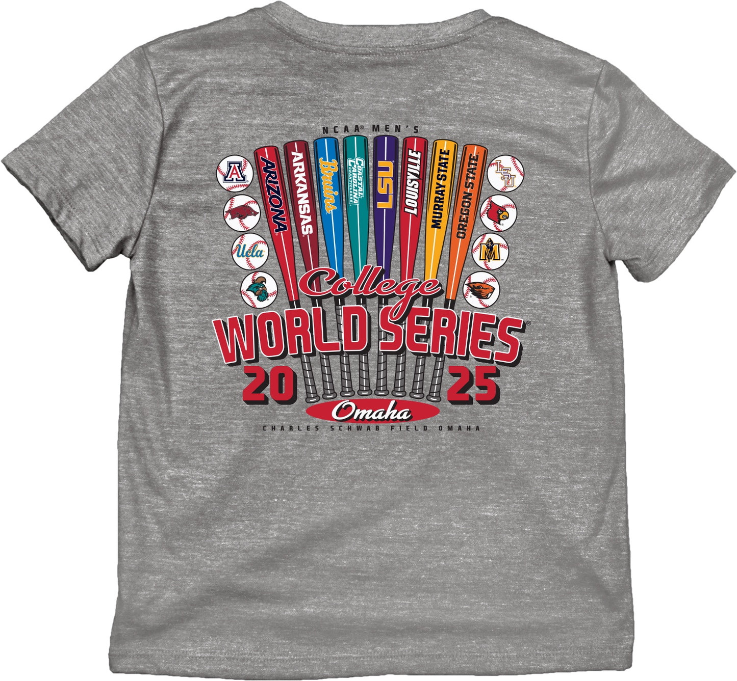 NCAA Mens College World Series 2025 8 Team Break Bats Heather T-Shirt