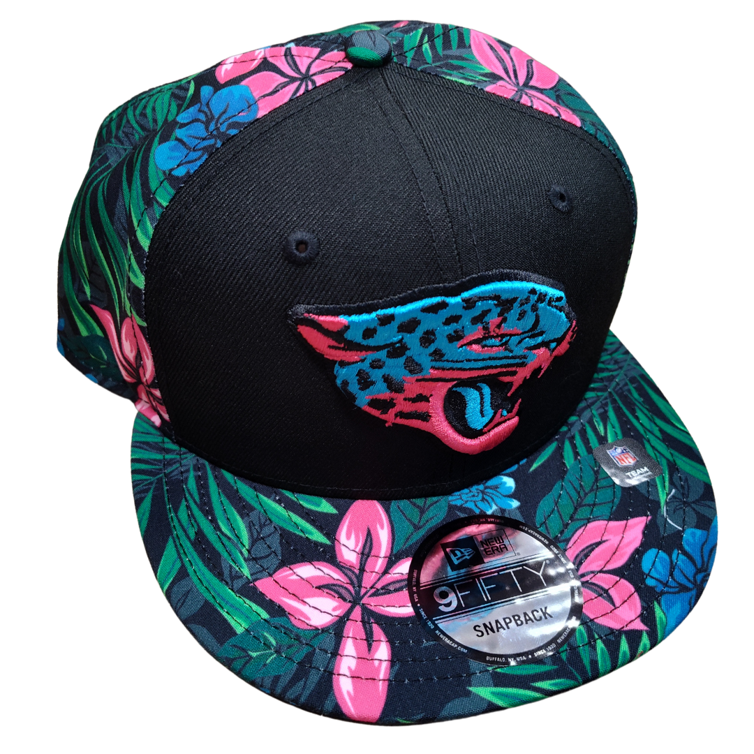 Jacksonville Jaguars 9Fifty snapback hat with teal black floral design and adjustable closure
