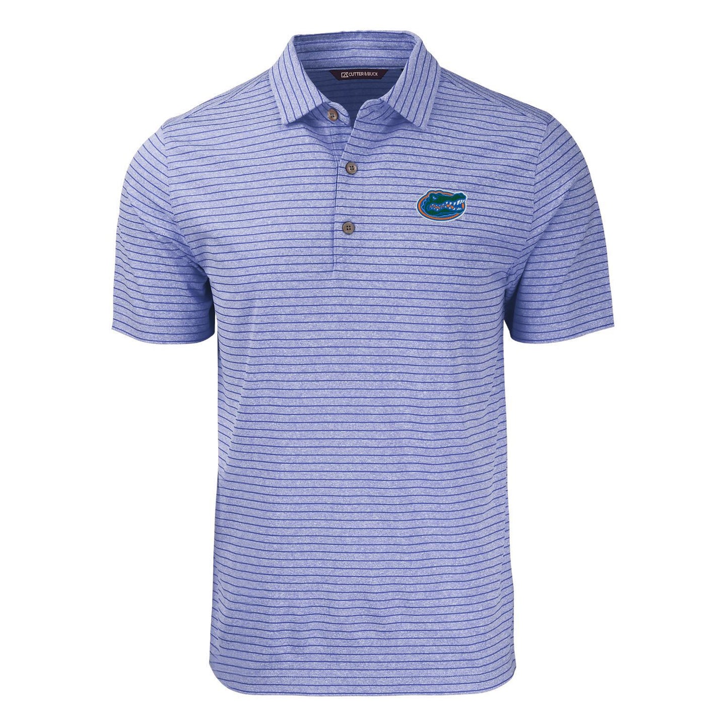 NCAA Florida Gators Cutter & Buck Tour Blue Heather Forge Recycled Heather Stripe Four-Way Stretch Mens Polo