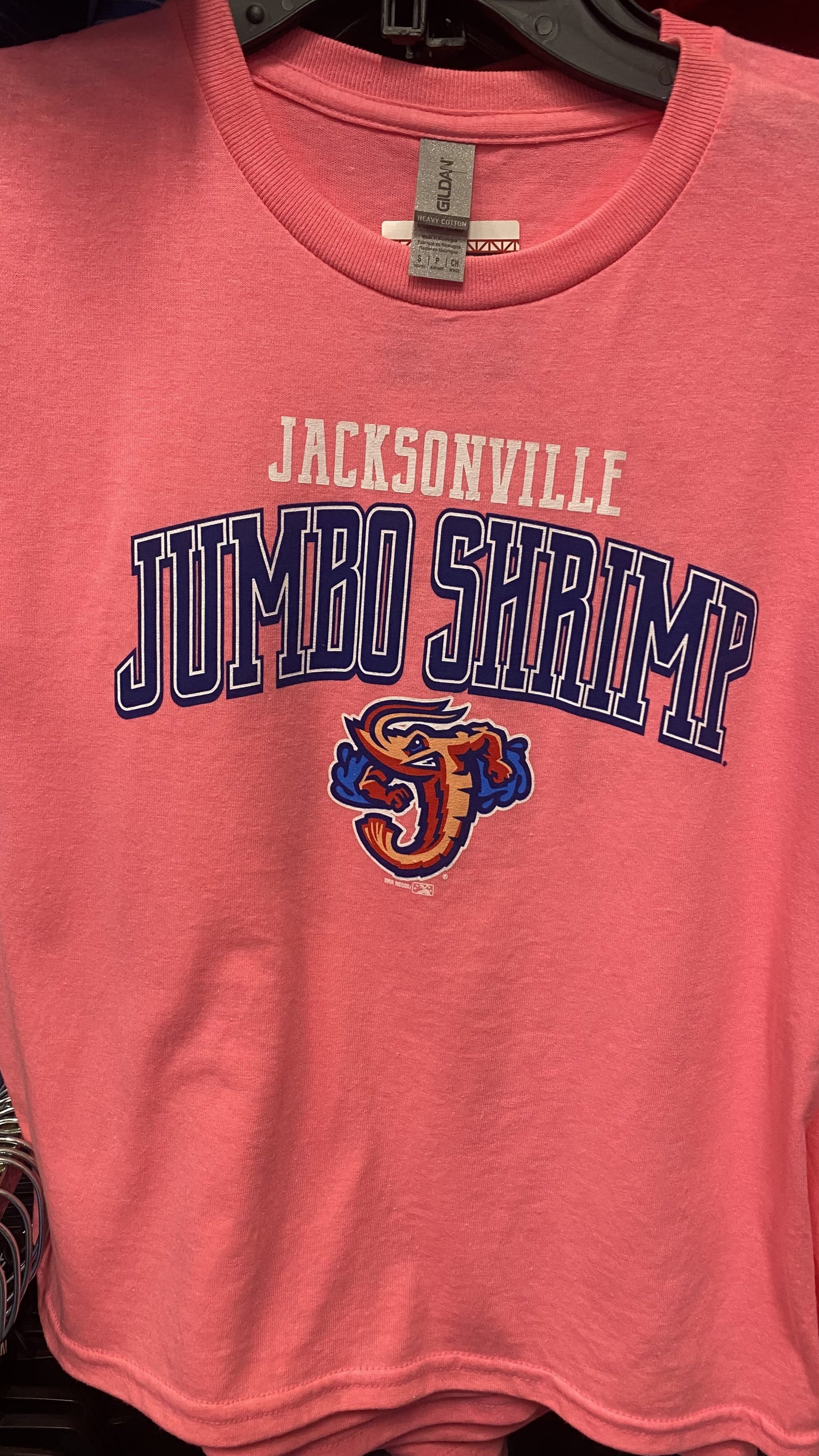 Jacksonville jumbo Shrimp Brimm Ridder YOUTH Pink Baseball T-Shirt