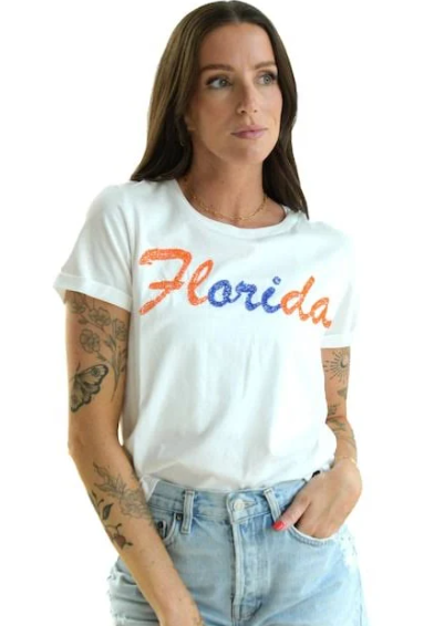 University of Florida Gators Gameday Social Ladies Hand Sewn Beaded Script T-Shirt - White