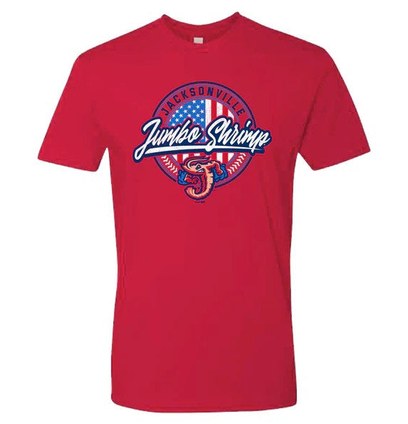 Jacksonville Jumbo Shrimp Red Shirt Americana Circle logo