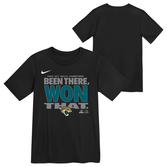 Jacksonville Jaguars 2025 AFC South Div Champs Locker Room Trophy T-Shirt Nike Youth - officially licensed fan gear