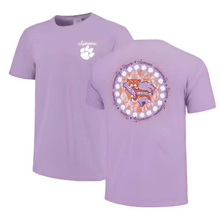 Clemson Tigers mascot circle pattern tee with vibrant design and relaxed fit