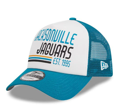 Jacksonville Jaguars New Era 9Forty White/Teal Stacked A Frame Trucker Adjustable Hat