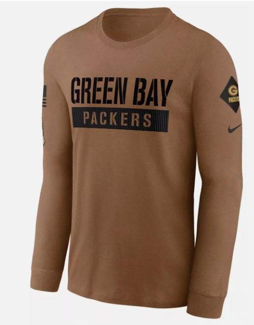 Green Bay Packers Nike 2023 Salute to Service long sleeve tee with military-inspired graphics