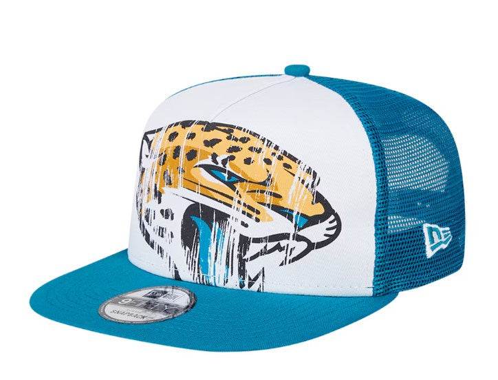 Jacksonville Jaguars New Era Distressed 9Fifty A-Frame Snapback hat with raised logo and mesh back