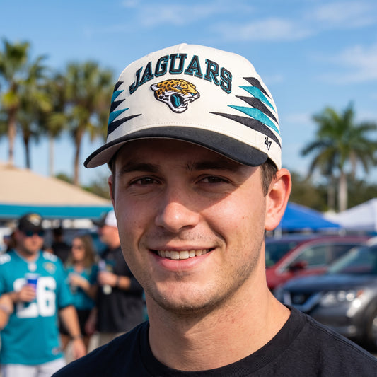 Jacksonville Jaguars '47 Diamond Cut Hitch cap worn at a tailgate