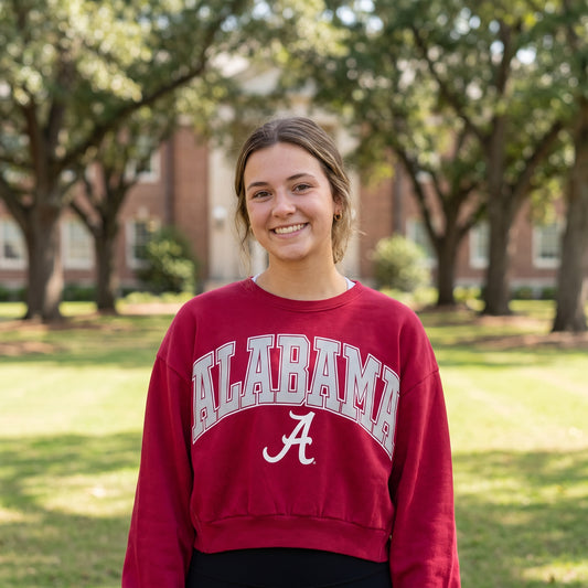 Alabama Pressbox Sweeper oversized fleece crew worn on campus