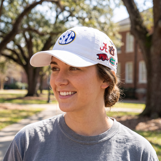 SEC Zephyr Allover 3D Scholar white hat worn on campus