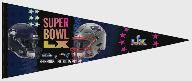 Super Bowl LX (2026) "Dueling Helmets" Seattle Seahawks vs New England Patriots Official Premium Felt Event PENNANT
