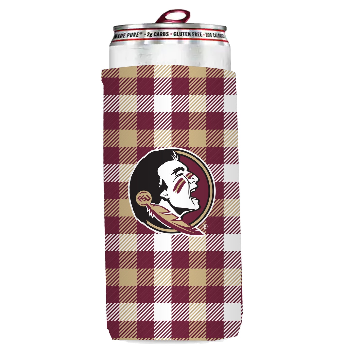 NCAA Florida State Seminoles Logo Brands Plaid Insulated Slim Can Sleeve