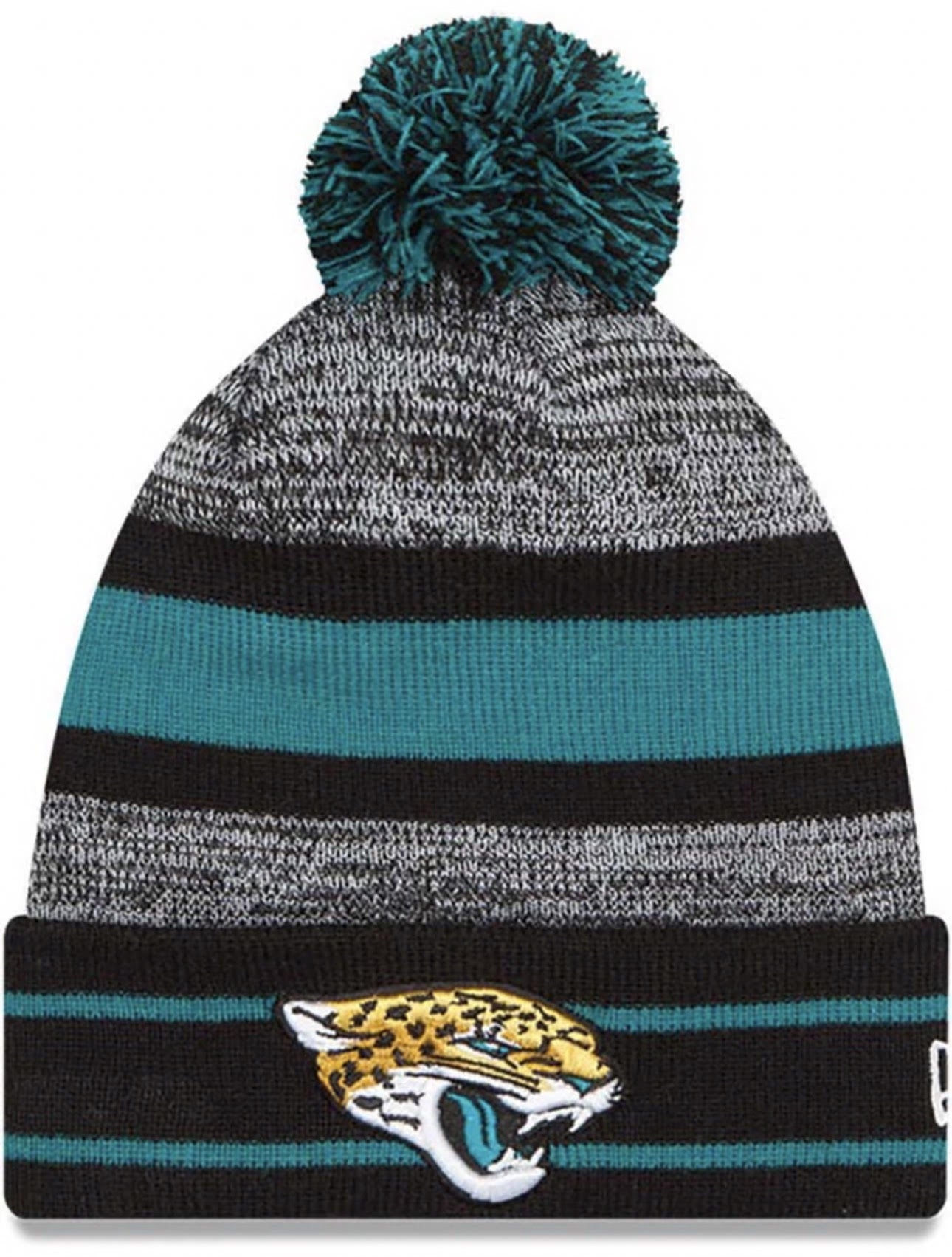 Jacksonville Jaguars New Era Black/Teal Stripe Cuff Pom Men's Beanie - officially licensed fan gear