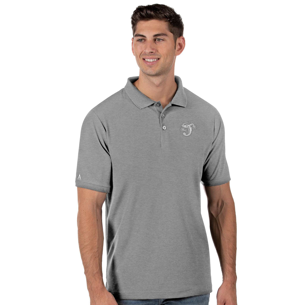 Man wearing Jacksonville Jumbo Shrimp men's grey Legacy Pique polo shirt