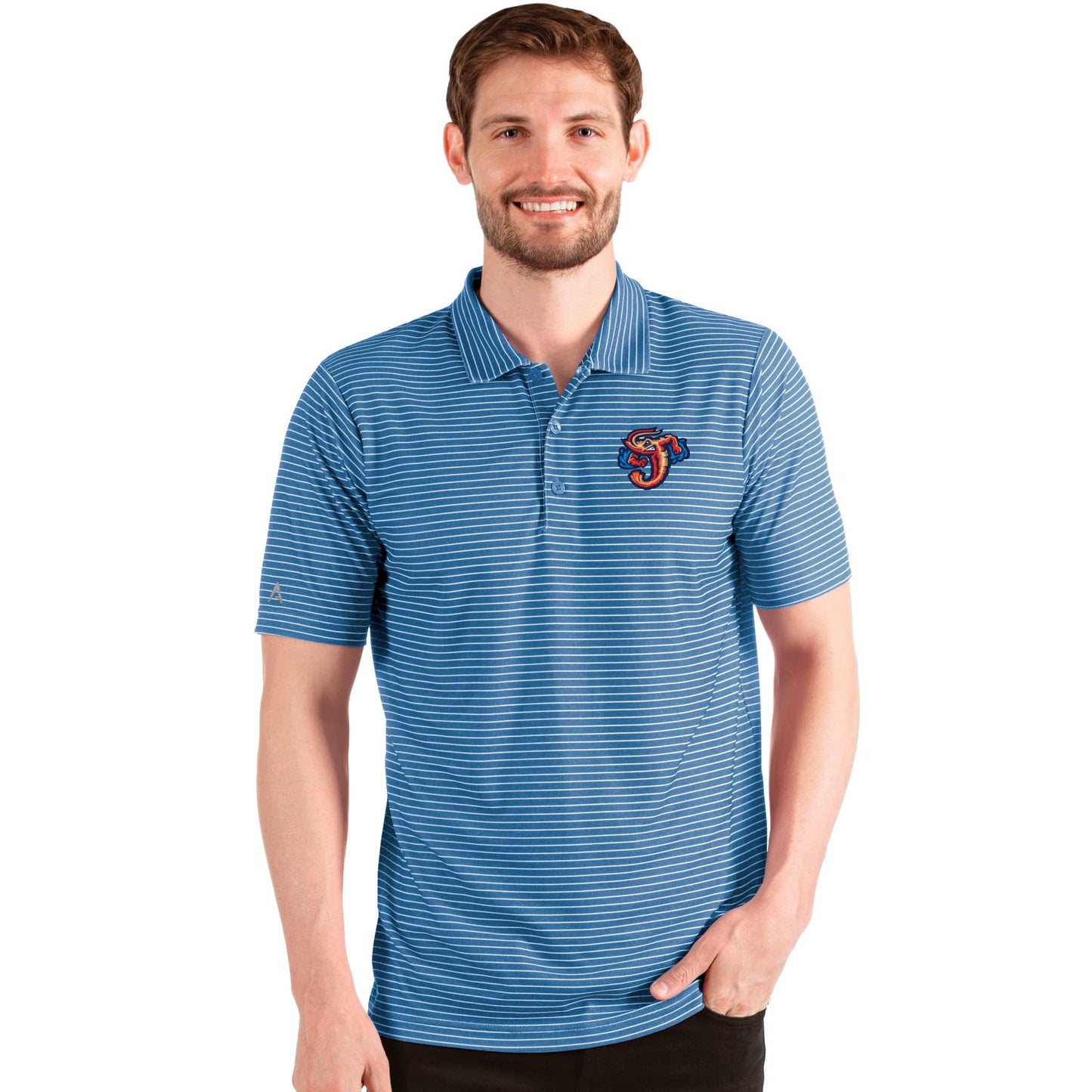 Man wearing blue stripe Jacksonville Jumbo Shrimp baseball polo shirt with team logo