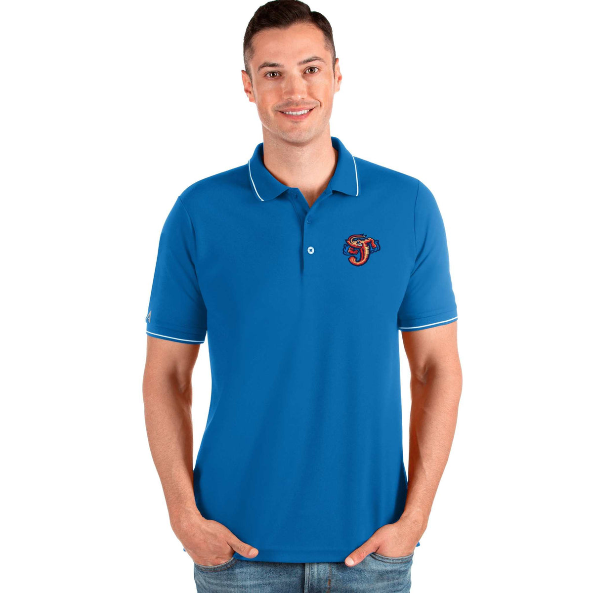 Man wearing blue Jacksonville Jumbo Shrimp polo shirt with logo on chest