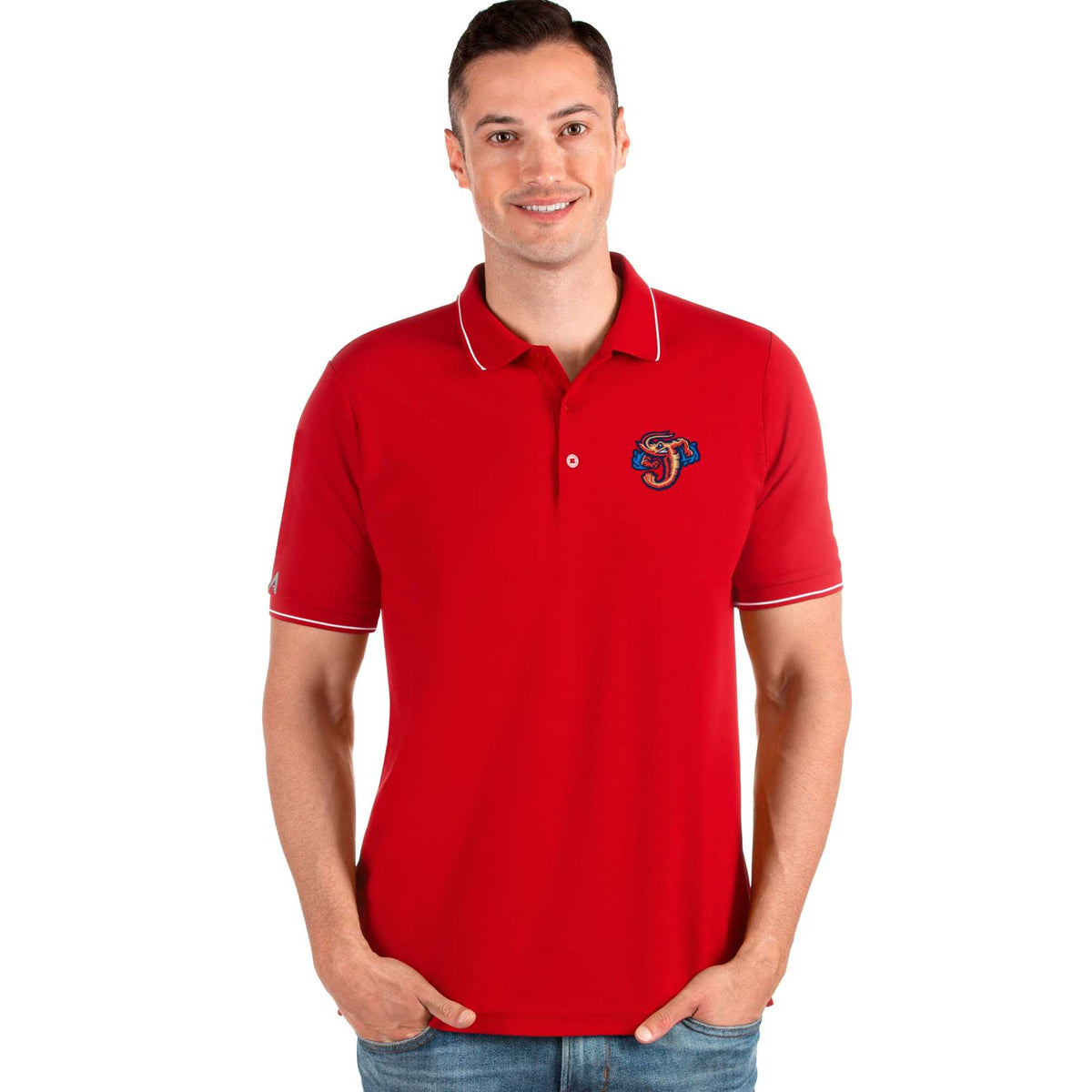 Man wearing red Jacksonville Jumbo Shrimp polo shirt with team logo on chest