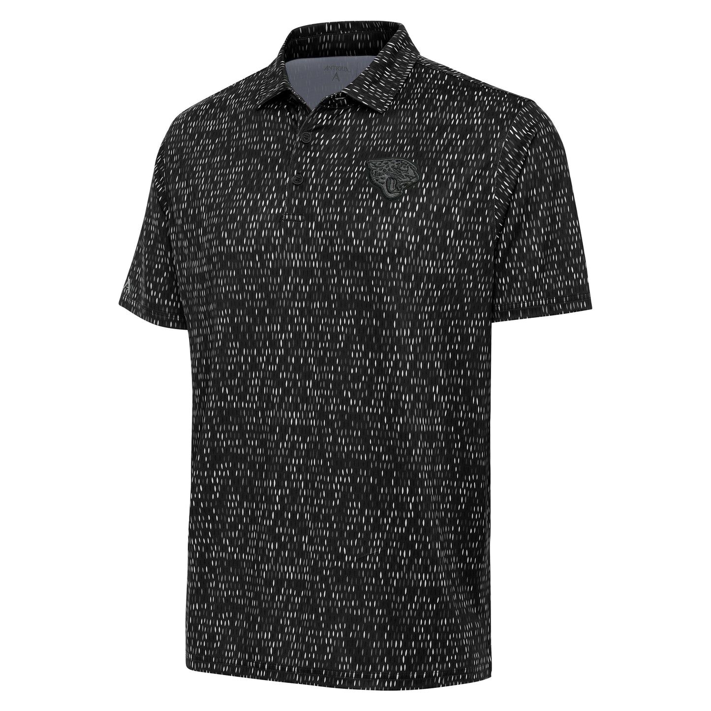 Jacksonville Jaguars men's black Antigua polo shirt with subtle grassy pattern and logo