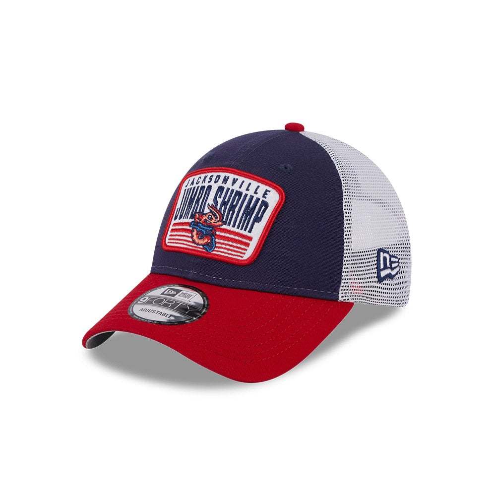 Jacksonville Jumbo Shrimp 9Forty blue red patch mesh adjustable snapback cap