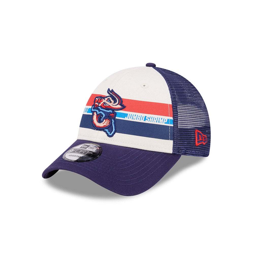Jacksonville Jumbo Shrimp 9Forty blue and cream mesh adjustable baseball hat