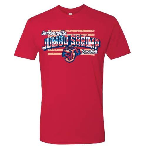 Red Jacksonville Jumbo Shrimp baseball T-shirt with vintage logo design