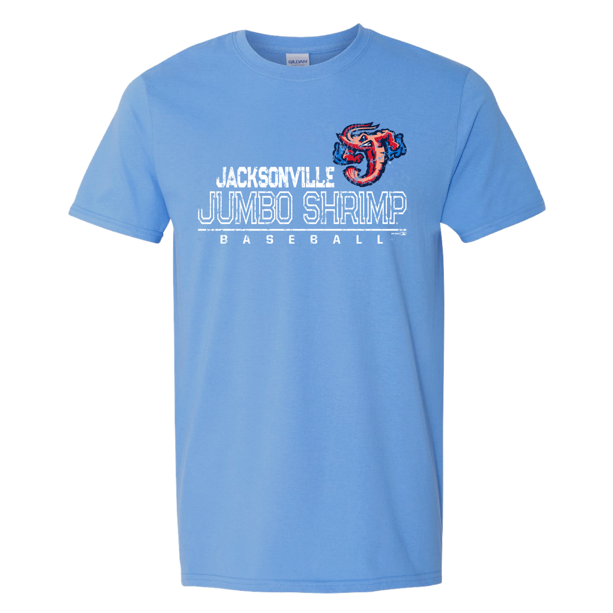 Light blue Jacksonville Jumbo Shrimp baseball team t-shirt with crew neck design