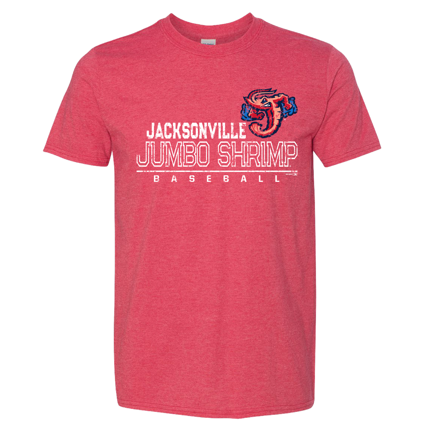 Jacksonville Jumbo Shrimp red baseball t-shirt with team logo and text