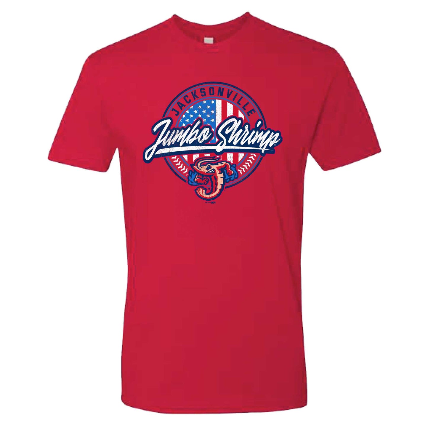 Red Jacksonville Jumbo Shrimp T-shirt with team logo and text design