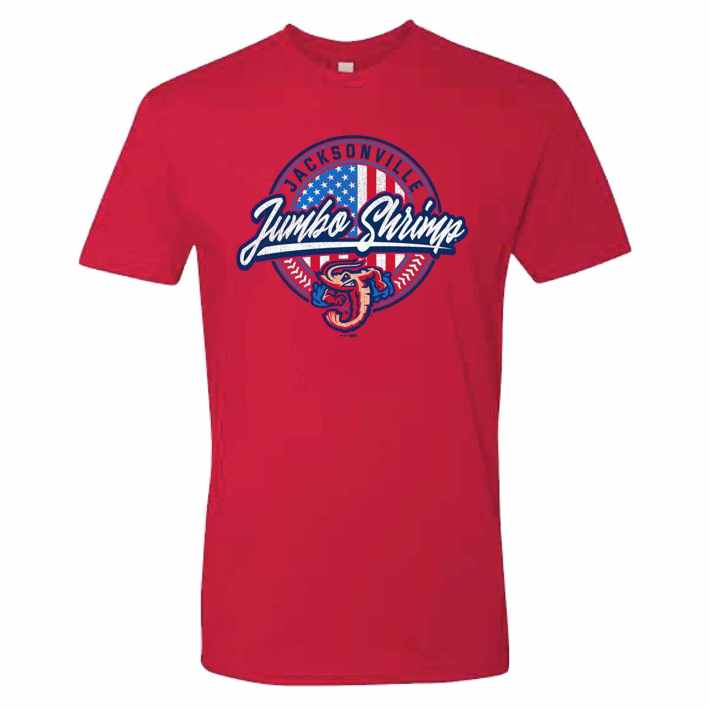 Red Jacksonville Jumbo Shrimp T-shirt with team logo and text design