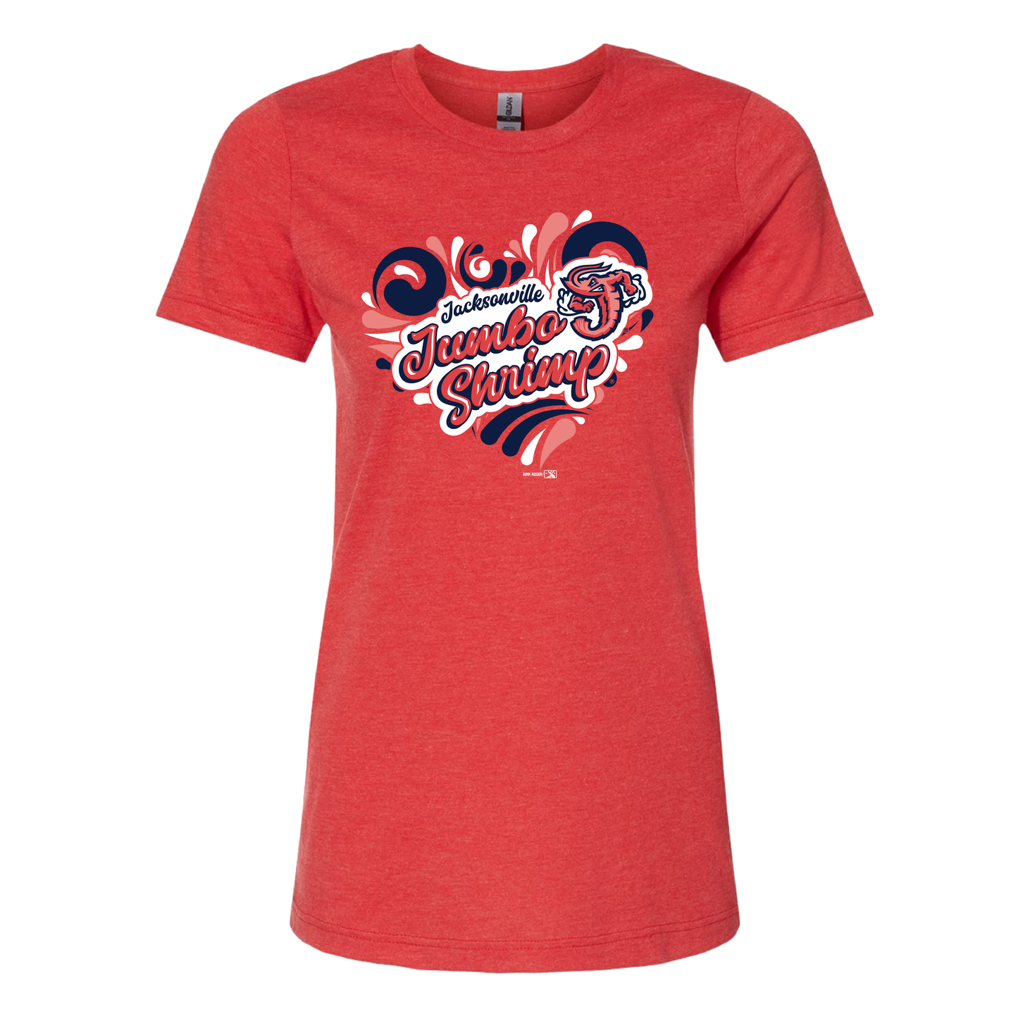 Jacksonville Jumbo Shrimp ladies red T-shirt with vibrant Loopsie design and team logo