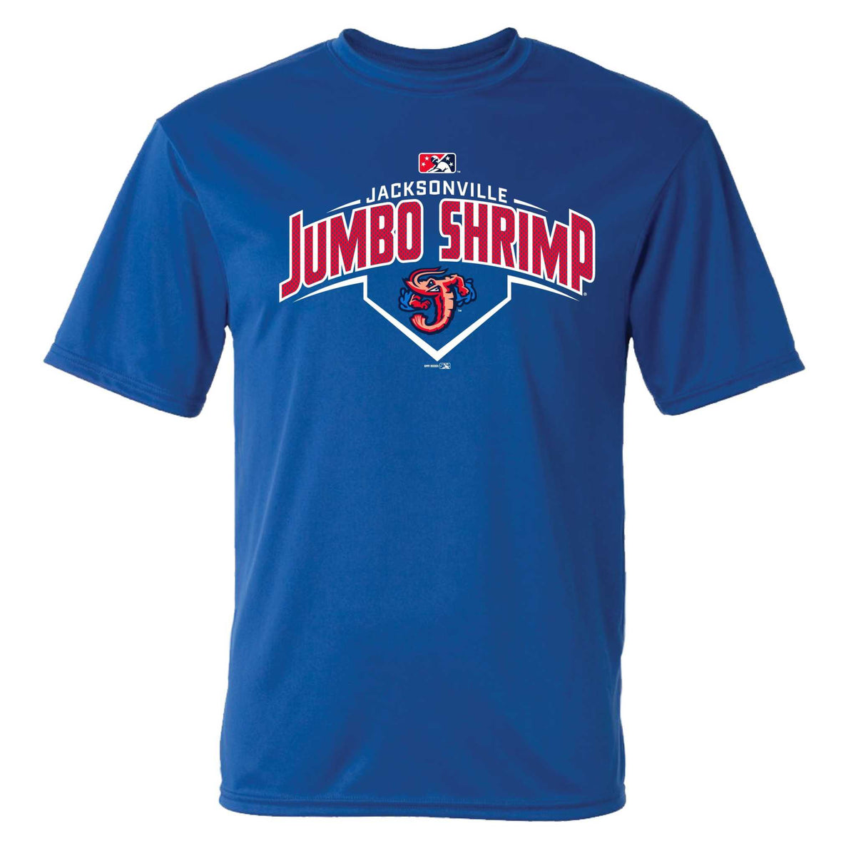 Jacksonville Jumbo Shrimp royal blue performance fabric splinter t-shirt with team logo and text