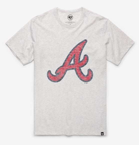 Atlanta Braves Premier '47 Franklin Tee with distressed red "A" logo on light gray cotton blend shirt