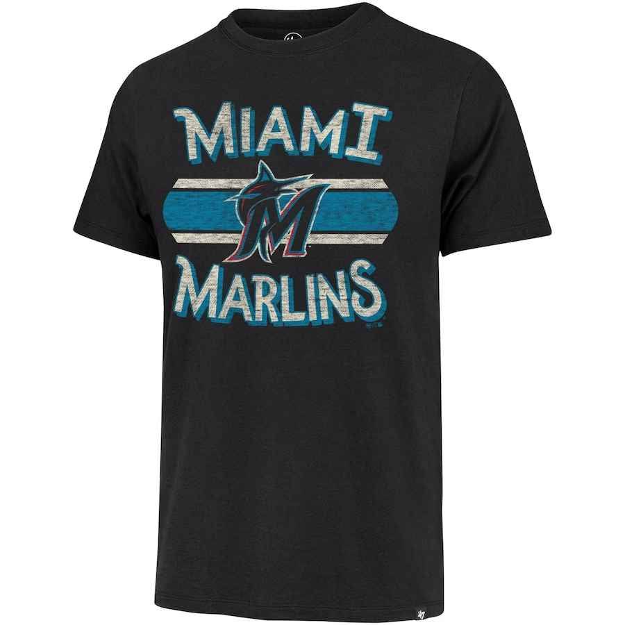 Black MLB Miami Marlins Renew Franklin T-shirt with distressed logo and team name in blue and white
