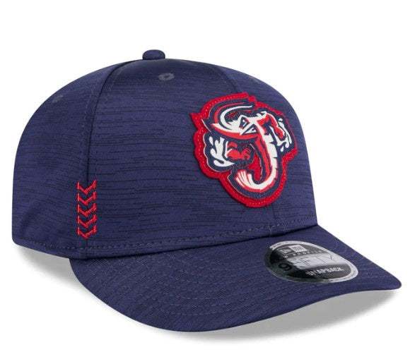 Navy blue New Era 9Fifty Jumbo Shrimp low-profile snapback cap with red and white logo on front and adjustable snapback closure.