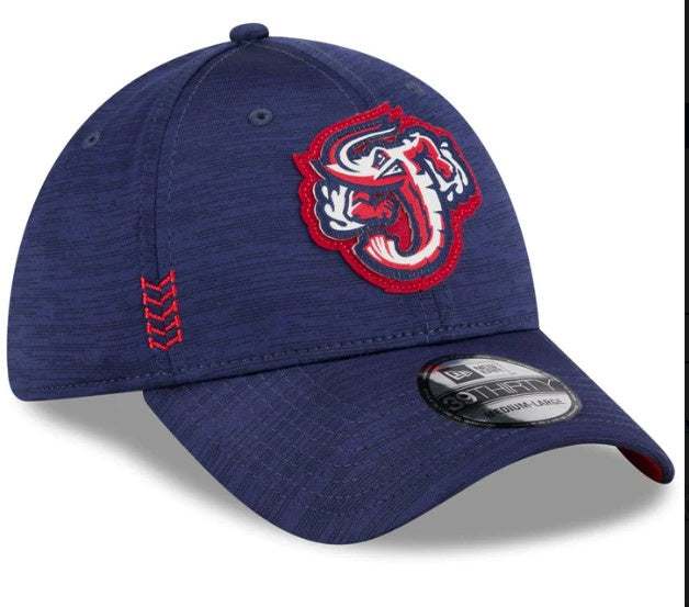 Navy Jumbo Shrimp New Era 39Thirty 2024 Clubhouse Flex Fit Hat with red logo and stitching