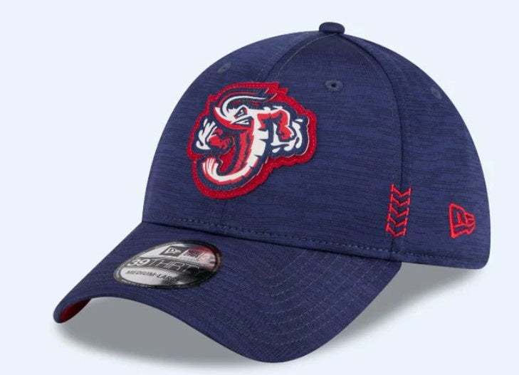 Navy blue Jacksonville Jumbo Shrimp embroidered youth baseball cap with curved bill and stretch fit