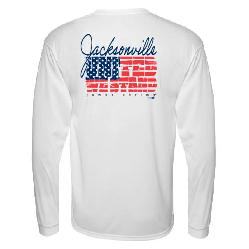 Jacksonville Jumbo Shrimp white performance long sleeve shirt with USA flag design on back