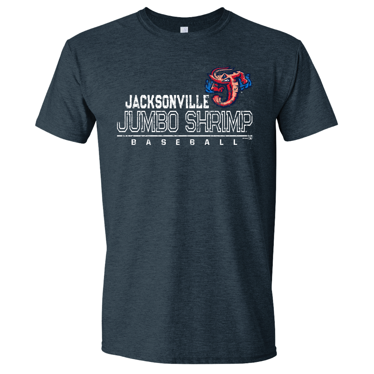Jacksonville Jumbo Shrimp t-shirts in navy blue with white text and a red shrimp graphic, cotton material, short sleeves