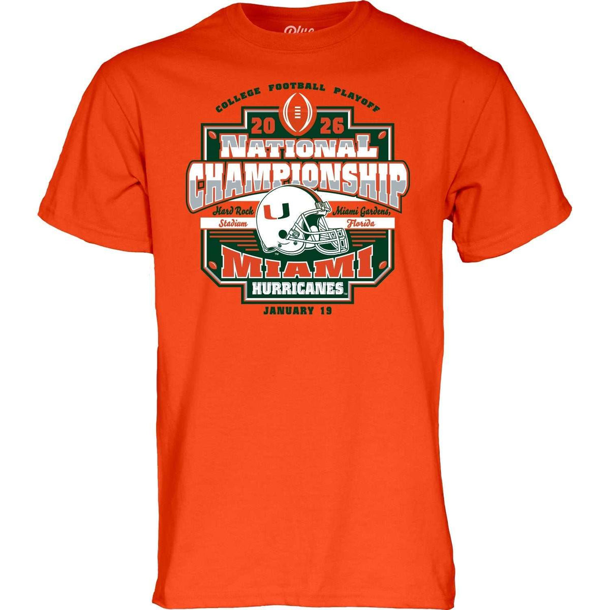 Orange cotton Miami Hurricanes T-Shirts with green, white, and black graphic featuring 2026 National Championship design