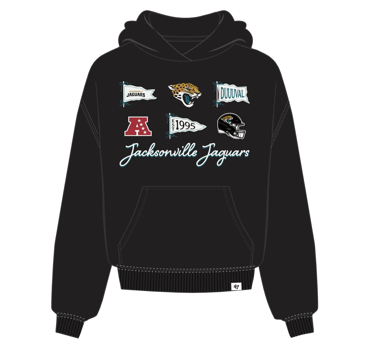 Jacksonville Jaguars hoodies black cotton blend pullover with multi-flag and script logo graphic on front